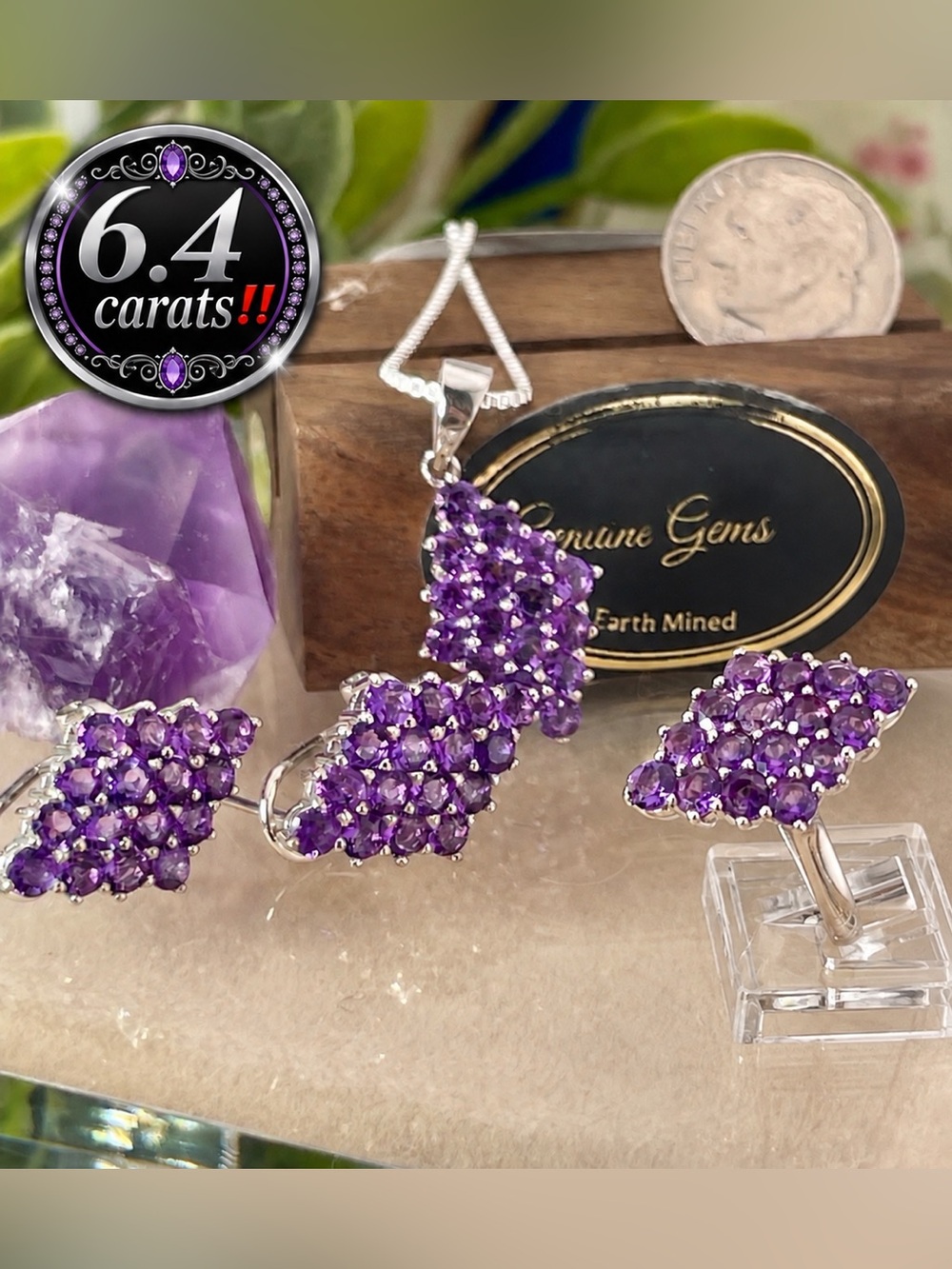Amethyst SET‼️ Earrings Pendant 14k white Gold on Sterling Silver